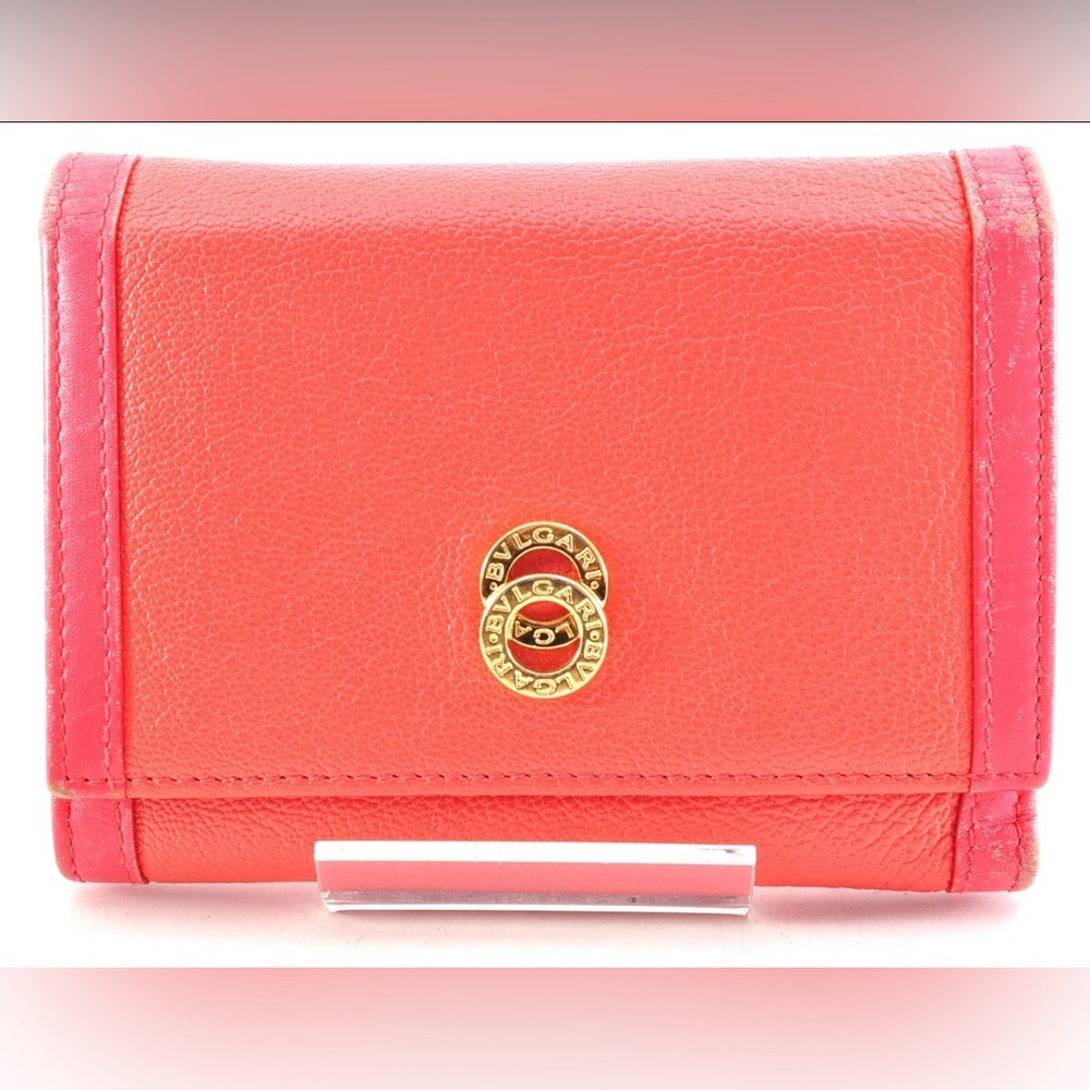 BVLGARI Tri-Fold Wallet Leather Red w/ Pink Trim Women Used Authentic GUC